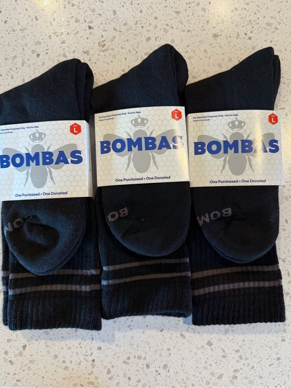 Bombas Men’s Black Crew Socks Subtle Gray Stripes Large (US 9.5-13) - Pack of 3